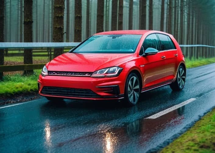 Volskwagen Golf rot unter dem Regen